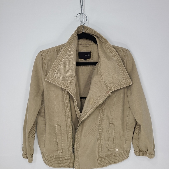 Hurley Long Sleeve Cropped Zip-Up Knit Moto Jacket Light-Weight Tan Small - Picture 10 of 12
